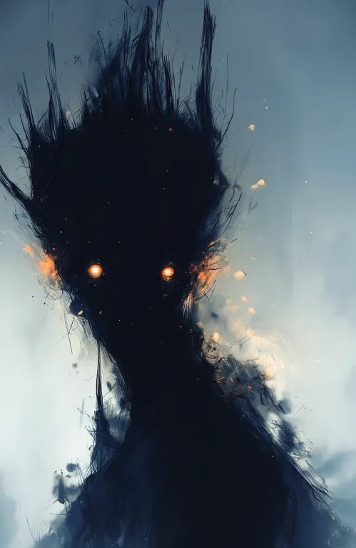 A Dark Abstract Figure With Glowing Orange Eyes Set Against...