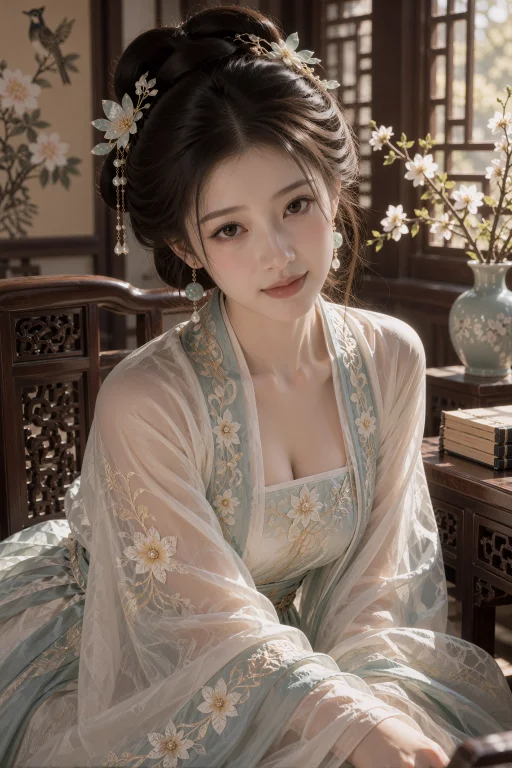 古装，近距离坐姿上身人像，一名年轻中国女子坐在雕花木椅中，上...