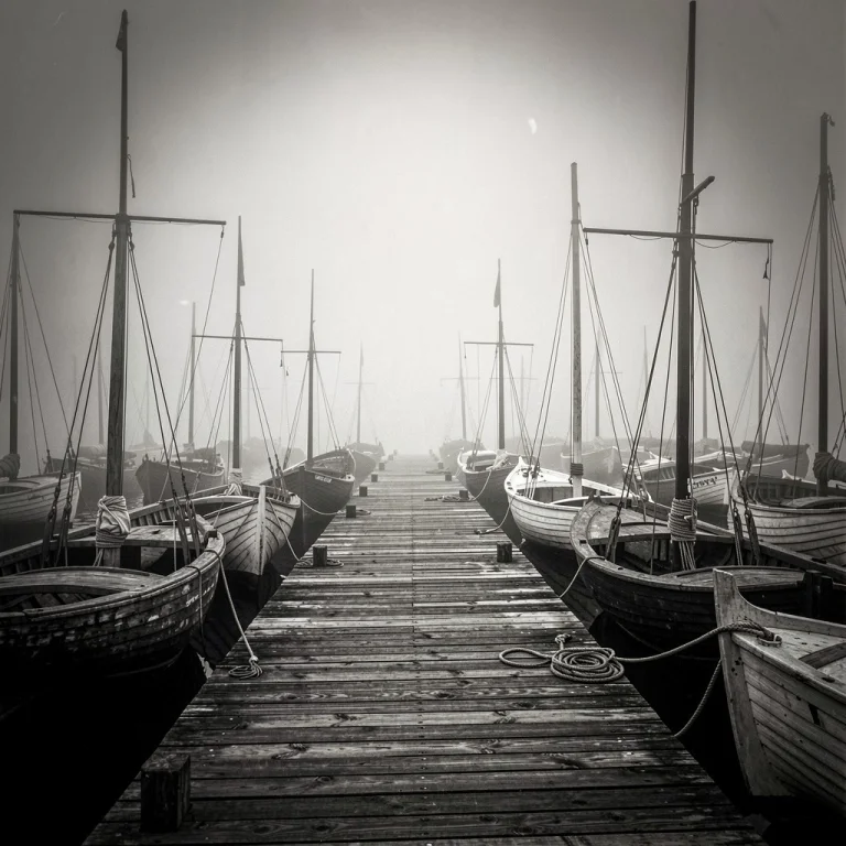 A Foggy Pier Crowded With Old Wooden Boats, Editorial Photog...