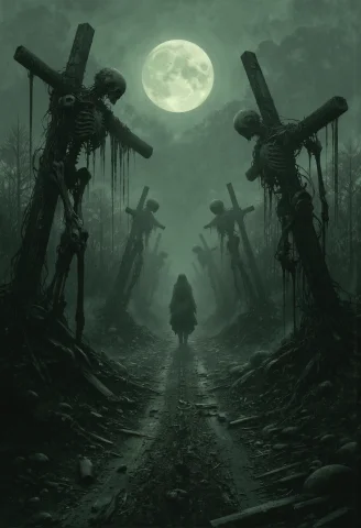 An Eerie Medieval Scene Unfolds Along A Desolate Dirt Path T... — FLUX AI Prompt: An eerie medieval scene unfolds along a desolate dirt path that stretches endles...