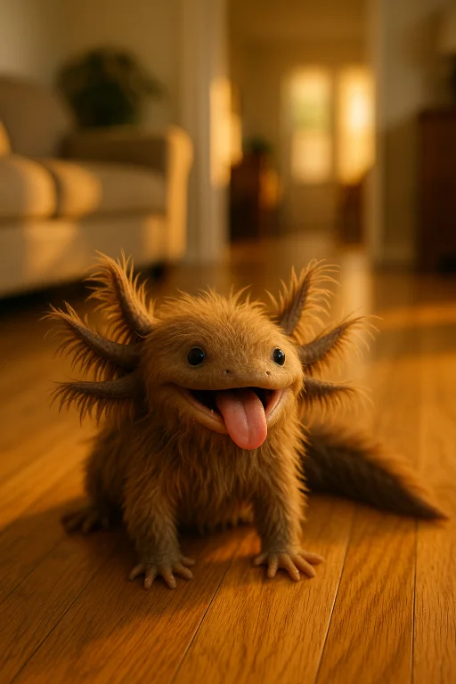 A Hairy Axolotl Panting Like A Dog, Indoors Residential, Gol...