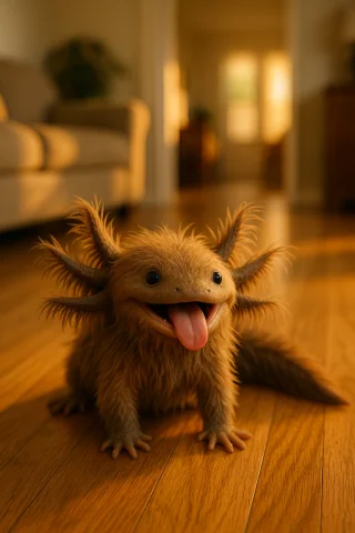 A Hairy Axolotl Panting Like A Dog, Indoors Residential, Gol... — Stable Diffusion AI Prompt: a hairy axolotl panting like a dog, indoors residential, golden hour, slight dep...