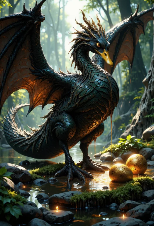 A Hyper-realistic Duck With Dragon Wings, With Ornate Scales...