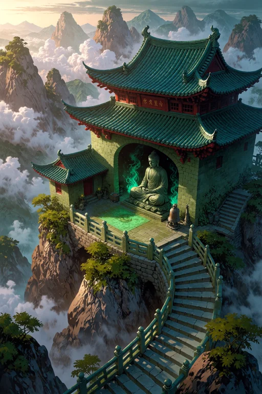 , Boneswm, A Serene Temple Atop A Misty Mountain Peak With C...