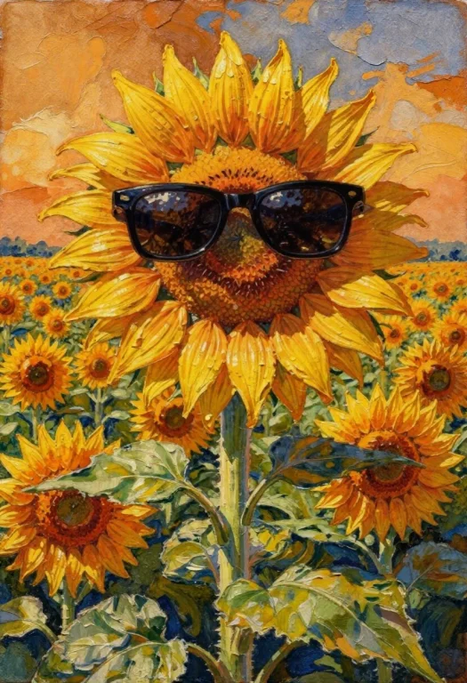 Whimsical Impasto Oil Painting Of A Vast Sunflower Field At...