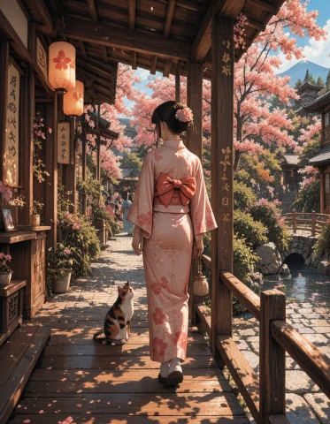 Anime Teahouse Kimono Illustration — Stable Diffusion AI Prompt: z1os, cinematic anime illustration from a wooden teahouse veranda, a woman in a...
