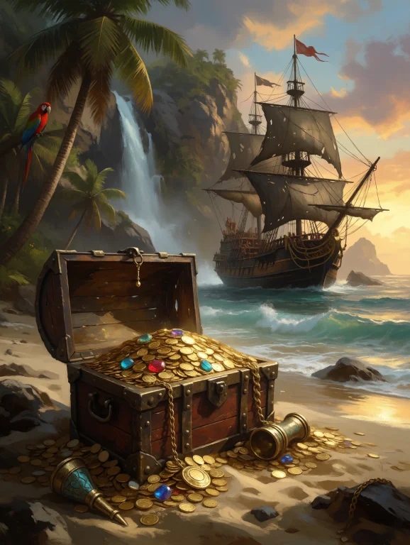 Digital Painting Of An Open Treasure Chest, Overflowing With...
