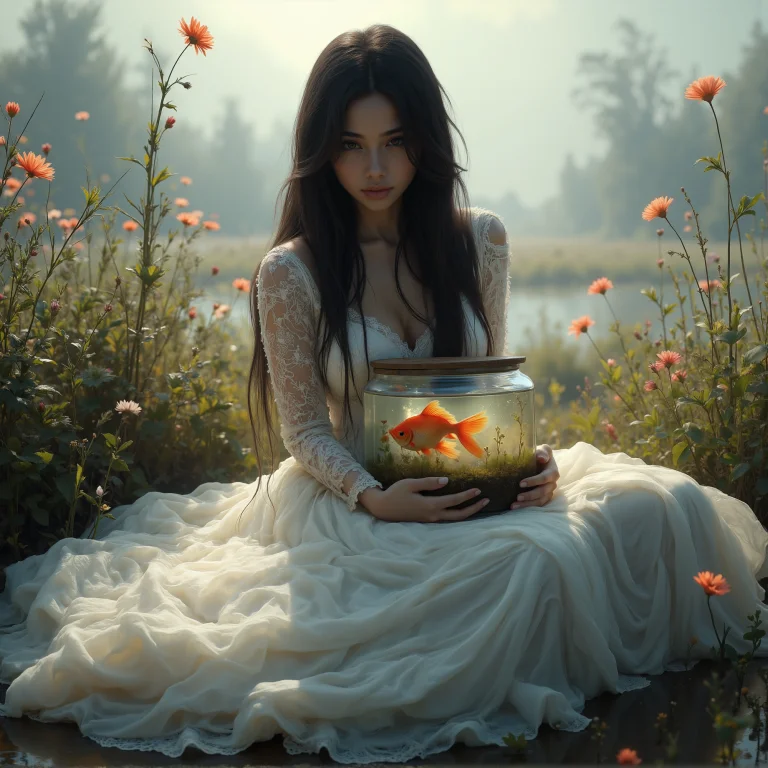 The Image Is A Digital Paint Of A Person Sitting In Lace Wed...