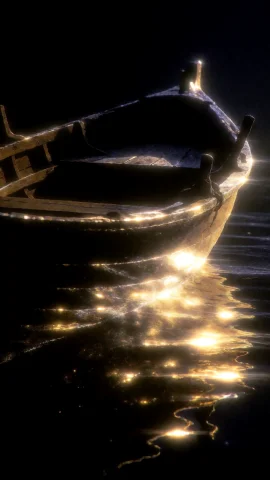 A Wooden Rowboat Floats On Still Water, Its Hull Glowing Wit... — Stable Diffusion AI Prompt: A wooden rowboat floats on still water, its hull glowing with molten highlights...