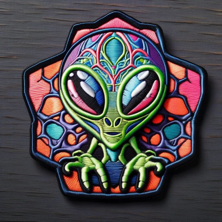 A Hexagonal Embroidered Patch Of A Cute Cartoon Alien Overlo...