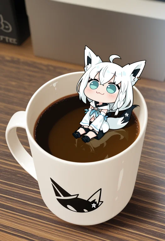 1girl, Solo, Shirakami Fubuki, Sitting, 3, Coffee Mug, Minig...
