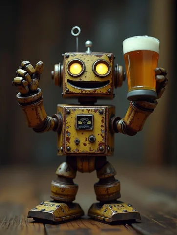 Raw Photo, 8k Uhd, Dslr, , Little Rusty Robot With Raised Ha... — Stable Diffusion AI Prompt: Raw photo, 8k uhd, dslr, , little rusty robot with raised hands enjoys a beer, b...