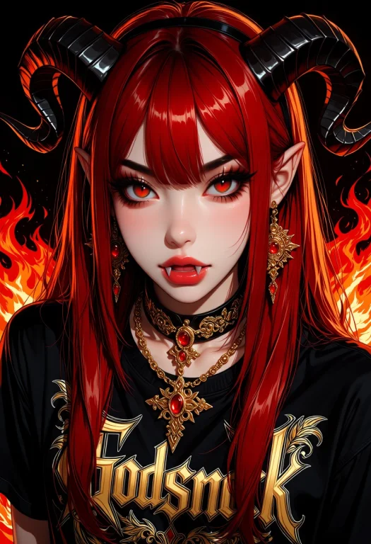 Portrait Of A Red 4ur4 Sparkly Demoness With Fangs And Golde...