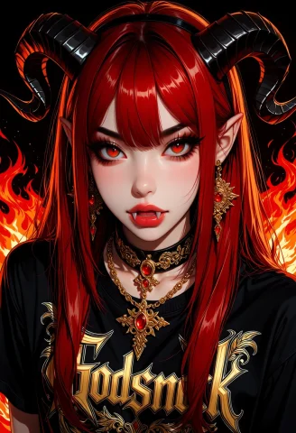 Hyper Realistic Gothic Portrait — Stable Diffusion AI Prompt: portrait of a red 4ur4 sparkly demoness with fangs and golden jewelry , black gr...