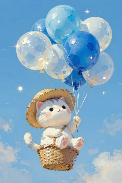 A Cute Cartoon Cat Wearing A Straw Hat In A Wicker Basket, A...
