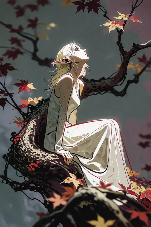 Low-angle Medium Shot Looking Up At A Blonde Elf Seated On A...