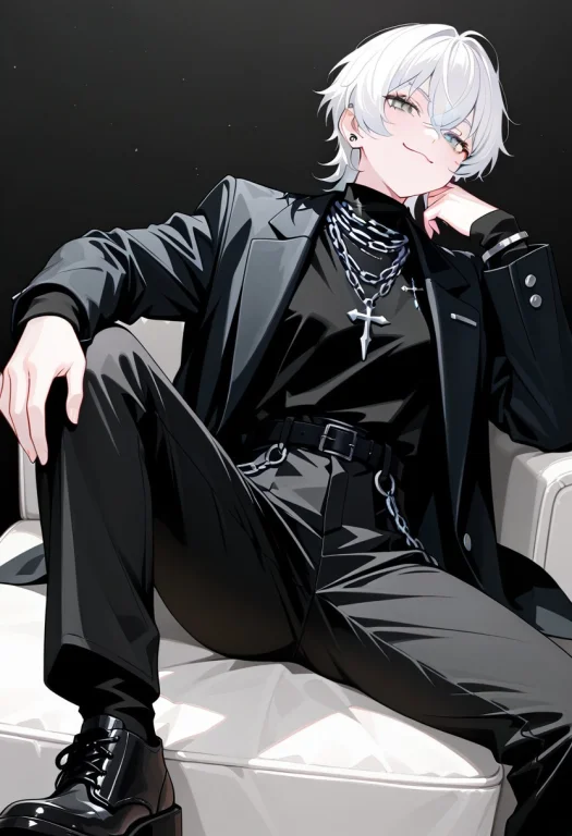 White Hair,grey Eyes,short Hair, Open Jacket,jewelry,chain N...
