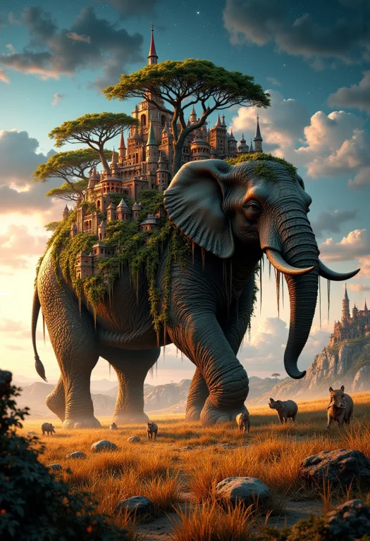 Hyper-realistic Scene Of A Giant Ancient African Elephant Wi...