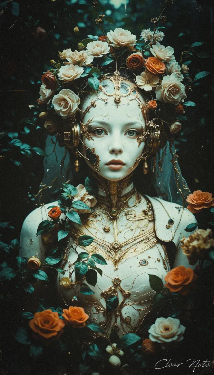 A Flawlessly Crafted White Cyborg, Adorned With Cascading Vi...
