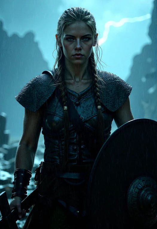 A Portrait Of A Viking Shieldmaiden Standing Tall In A Torre...
