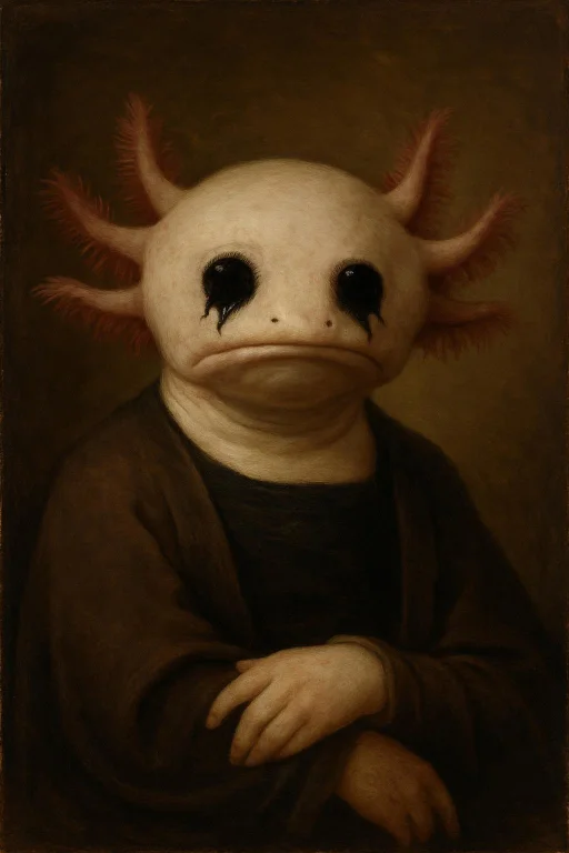 A Pale White Axolotl With No Eyes Just Black Goo For Eyes Do...