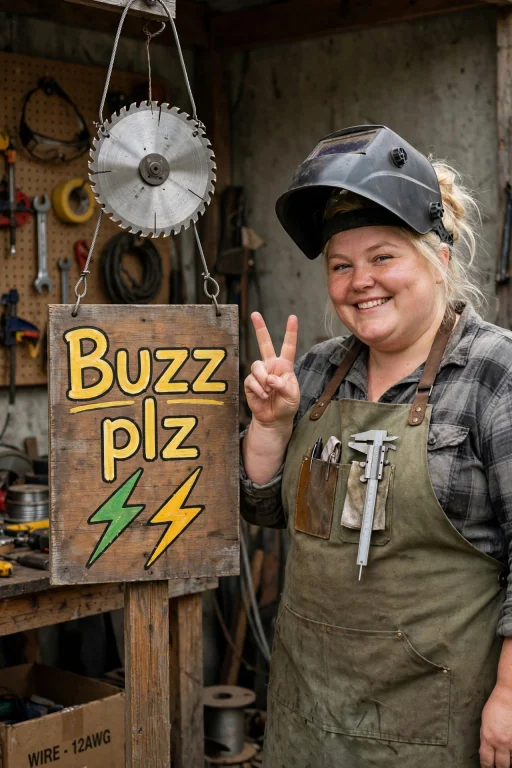 A Chubby Woman With Blonde Hair Is Standing By A Sign Wearin...