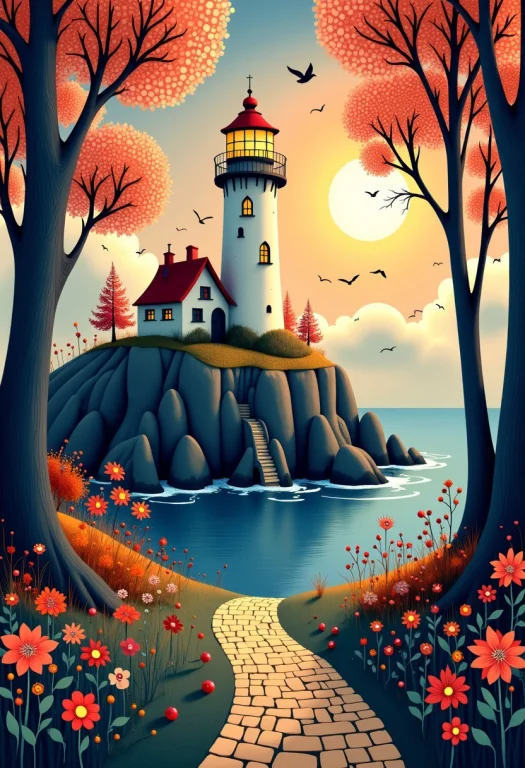 Beautiful Fantasy Lighthouse Sun, Flowers, Water, Silhouette...