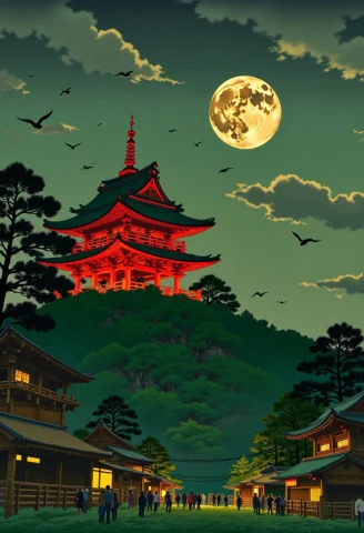 A Moonlit Night Crowns The Summit Of Fushimi Inari Taisha, T... — FLUX AI Prompt: A moonlit night crowns the summit of Fushimi Inari Taisha, the full moon glowing...