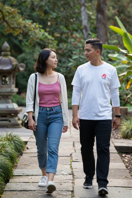 A Woman And A Man Walk Side By Side Along A Stone Path Throu...