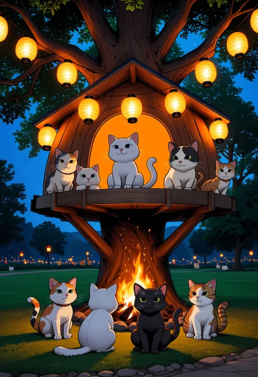Cute Cartoon Animals, Summer Night, Cats In Fun Treehouse, F...