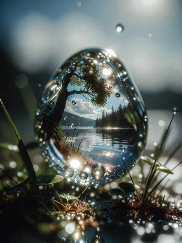 A Close-up Photograph Of A Drop Of Water Reflecting The Land... — Stable Diffusion AI Prompt: A close-up photograph of a drop of water reflecting the landscape of a lake surr...