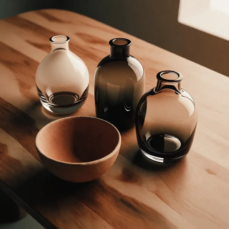 Three Smooth Glass Vases And A Clay Bowl On A Wide Wooden Ta...