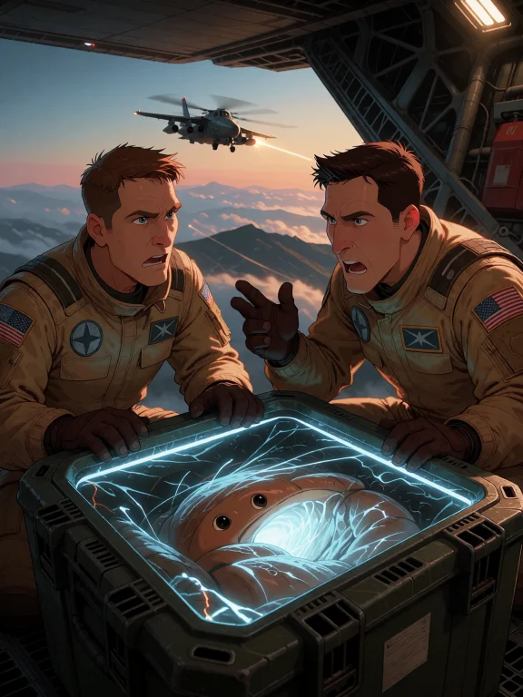 A Cargo Bay Mid-flight, Crew Members Pausing Mid-argument As...