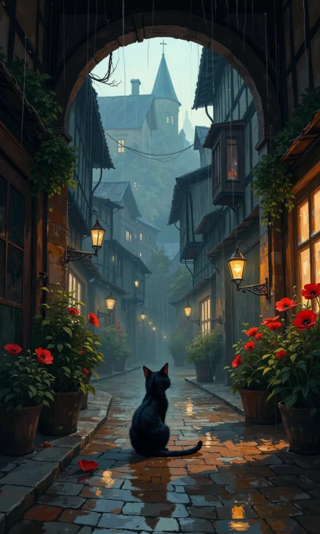 Full Shot Of A Dark Street Scene, Likely Digital Art, With A...