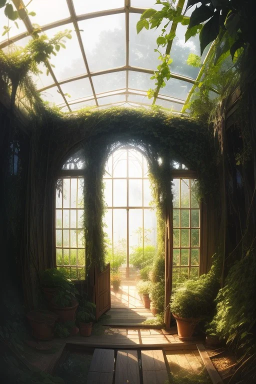 Masterpiece1.2, Best Quality, An Overgrown Greenhouse Slowly...