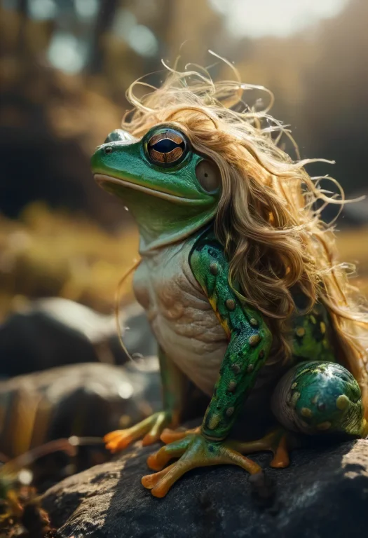 Side View Portrait, A Stoic Frog Wearing A Wig With Long Gol...