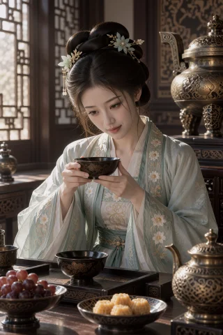 中景、平视、正面坐姿人像，一名18岁中国女子坐在低矮食案后，头... — Stable Diffusion AI Prompt: 中景、平视、正面坐姿人像，一名18岁中国女子坐在低矮食案后，头低垂并略向画面左侧，...