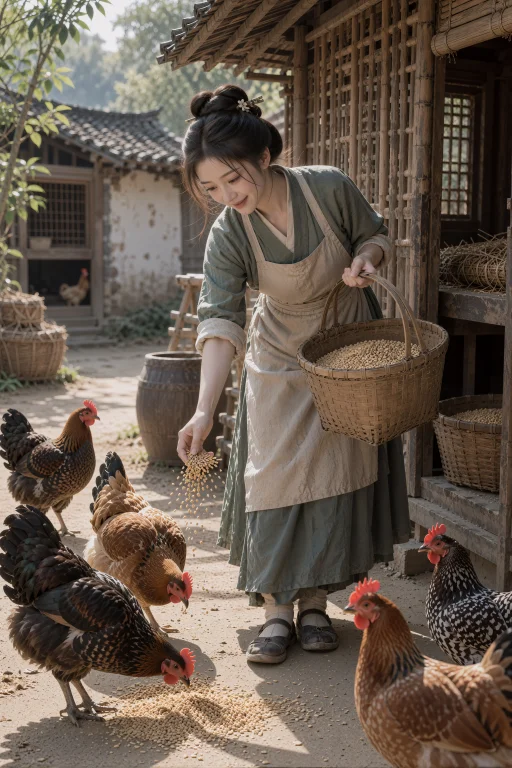 农家装，乡村院落的鸡群中，一名年轻中国女子站在竹篱笆旁，身体...