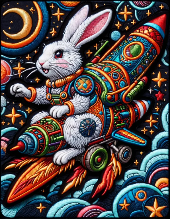 A Rabbit Riding A Rocket , At Night Ral-embroideredpatch, La...