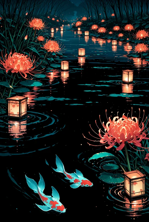 Spider Lilies Growing Along The Banks Of A Glowing River In...