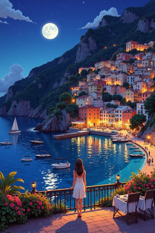 Amalfi Coast, Italy Beautiful Anime Landscape, Evening, Woma...