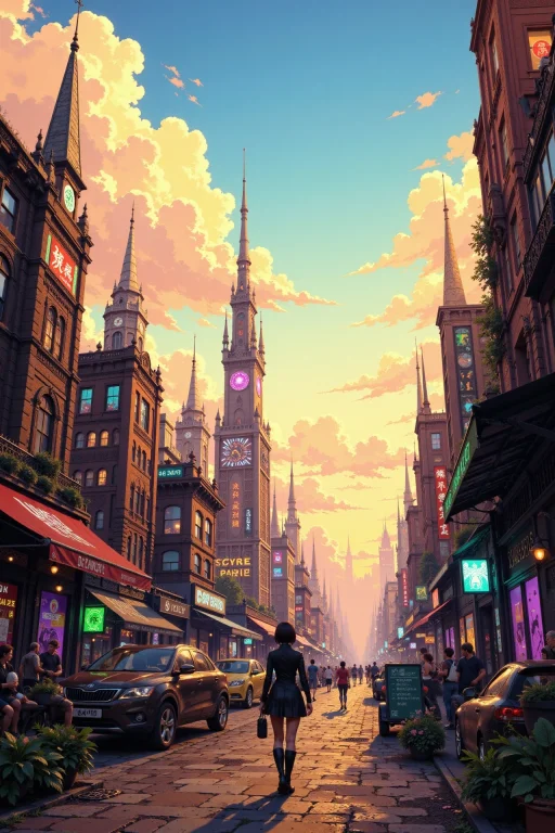 Dystopian City Beautiful Anime Landscape, Early Morning, Wom...