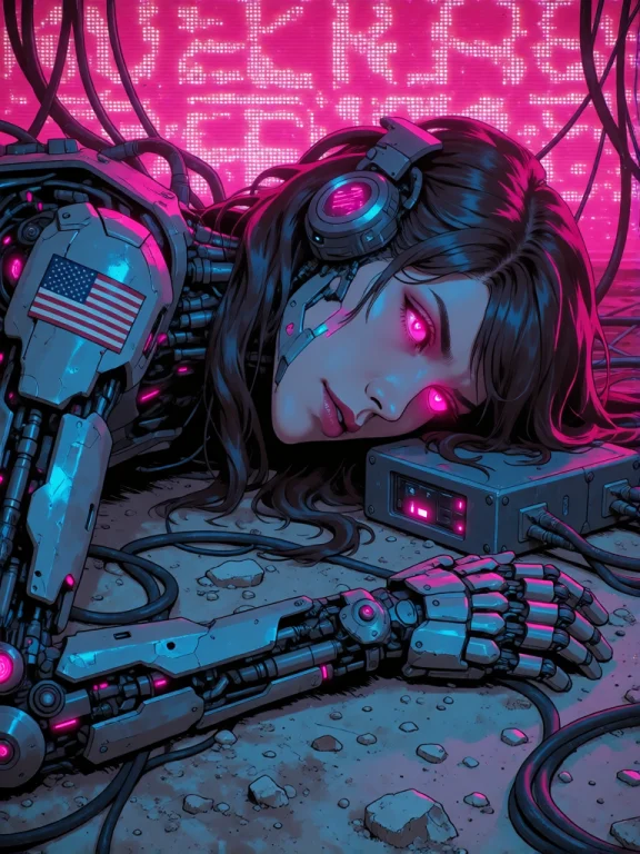 Digital Artwork Of A Cybernetic Woman With Glowing Pink Eyes...