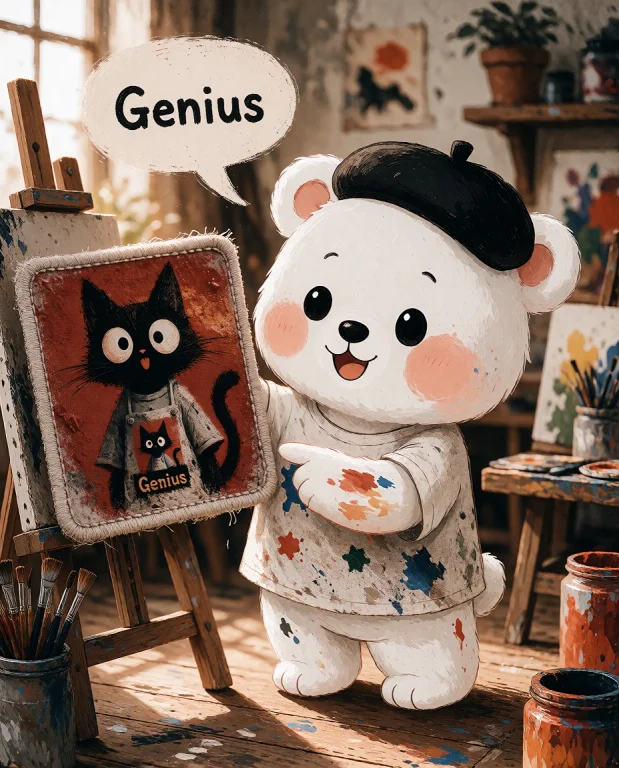 A Cute Chibi White Artist Bear Standing Full Body In His Coz...
