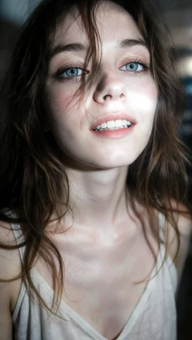 A Close-up Portrait Of A Young Woman With Fair Skin, Her Fac... — Stable Diffusion AI Prompt: A close-up portrait of a young woman with fair skin, her face slightly tilted up...