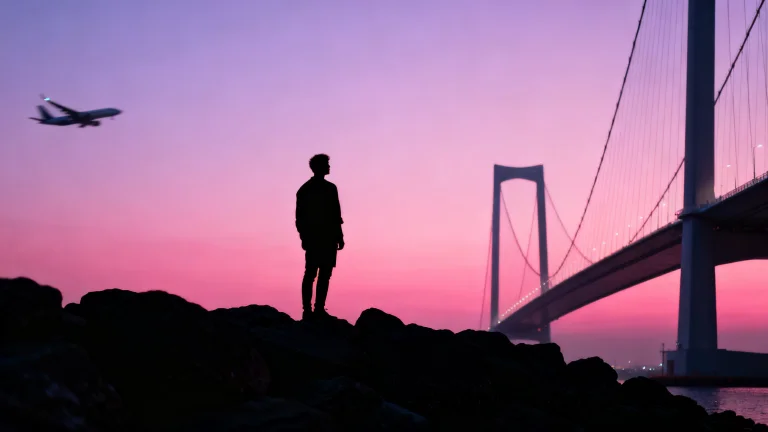 A Silhouetted Figure Sits On Dark Rocks Facing A Twilight Sk...