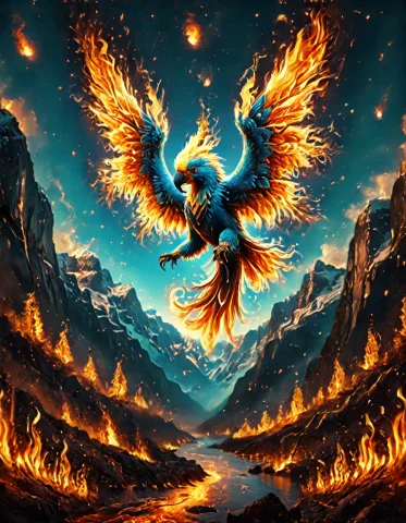 A Blue Parrot Flying Over A Norwegian Fjord Flamestyle, All... — SDXL AI Prompt: a blue parrot flying over a Norwegian fjord flamestyle, all made of fire and fla...