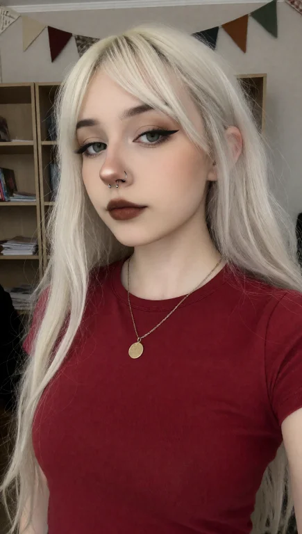 A Young Woman With Long, Straight Platinum Blonde Hair Featu...