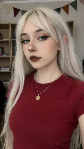 Stable Diffusion Young Woman — Stable Diffusion AI Prompt: A young woman with long, straight platinum blonde hair featuring a full fringe,...