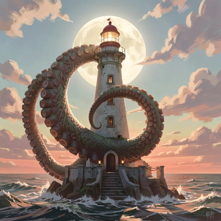 A Krakens Arm Curling Around A Lighthouse, Digital Painting,...